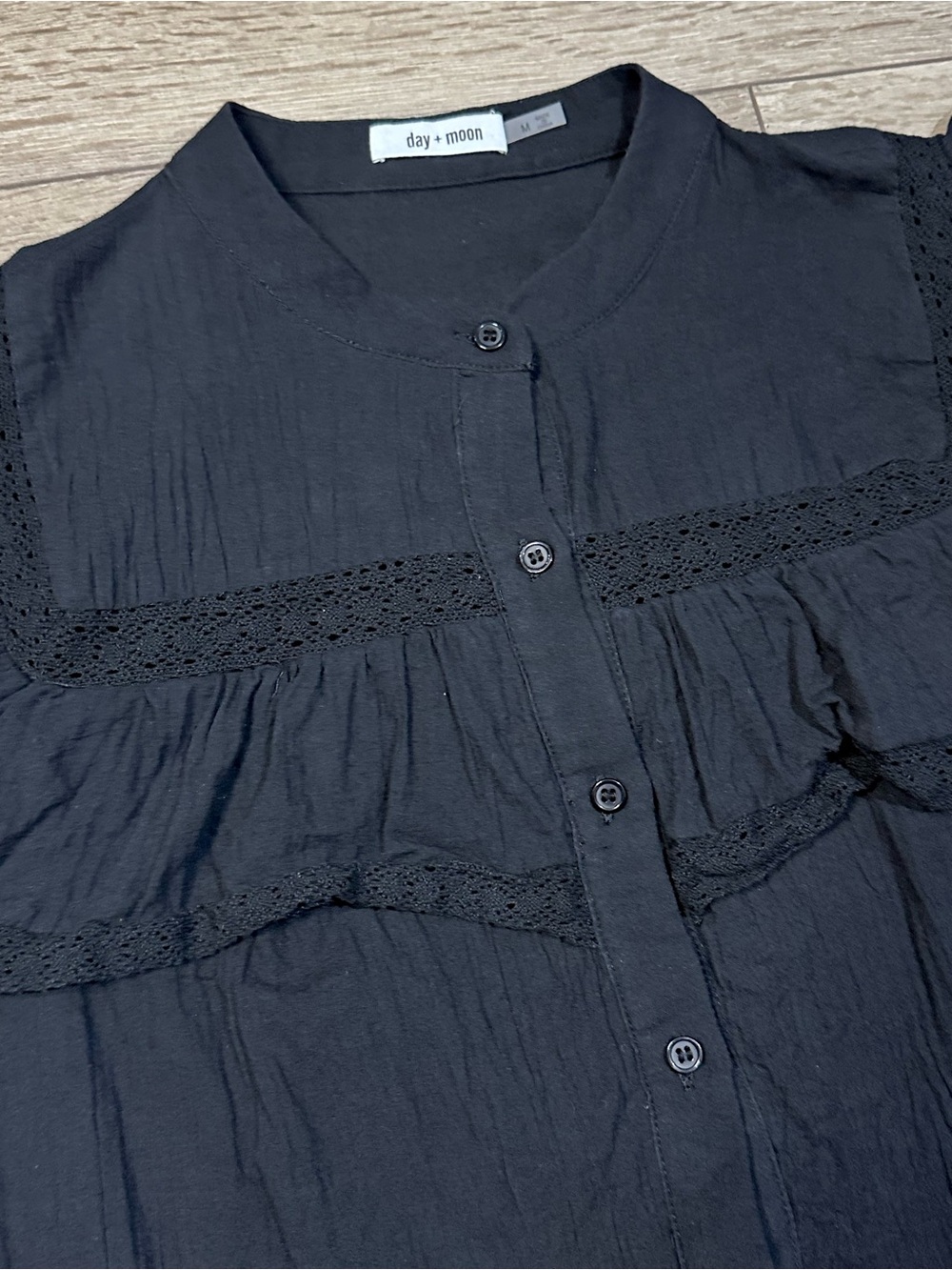 Day + Moon Button Up Flutter Sleeve Ruffle Whimsigoth Top Crochet Detailing - Picture 10 of 15